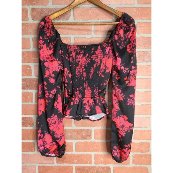 Lulus Ready for Romance Black Floral Print Ruched Long Sleeve Blouse Top Small - Picture 5 of 7
